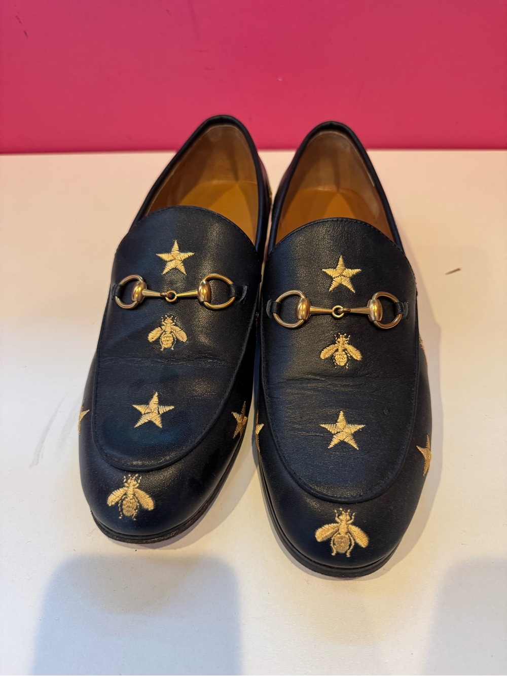 Gucci Black Leather Loafers with Gold Star & Bee Embroidery